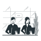 Black and white illustration of people in a call centre